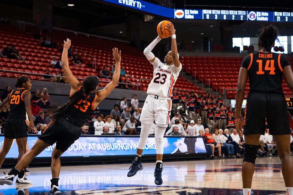 <p>Dec. 5, 2021; Honesty Scott-Grayson (23) puts up a shot against Oklahoma State in the Big 12/SEC Challenge from Auburn Arena in Auburn, Ala.</p>