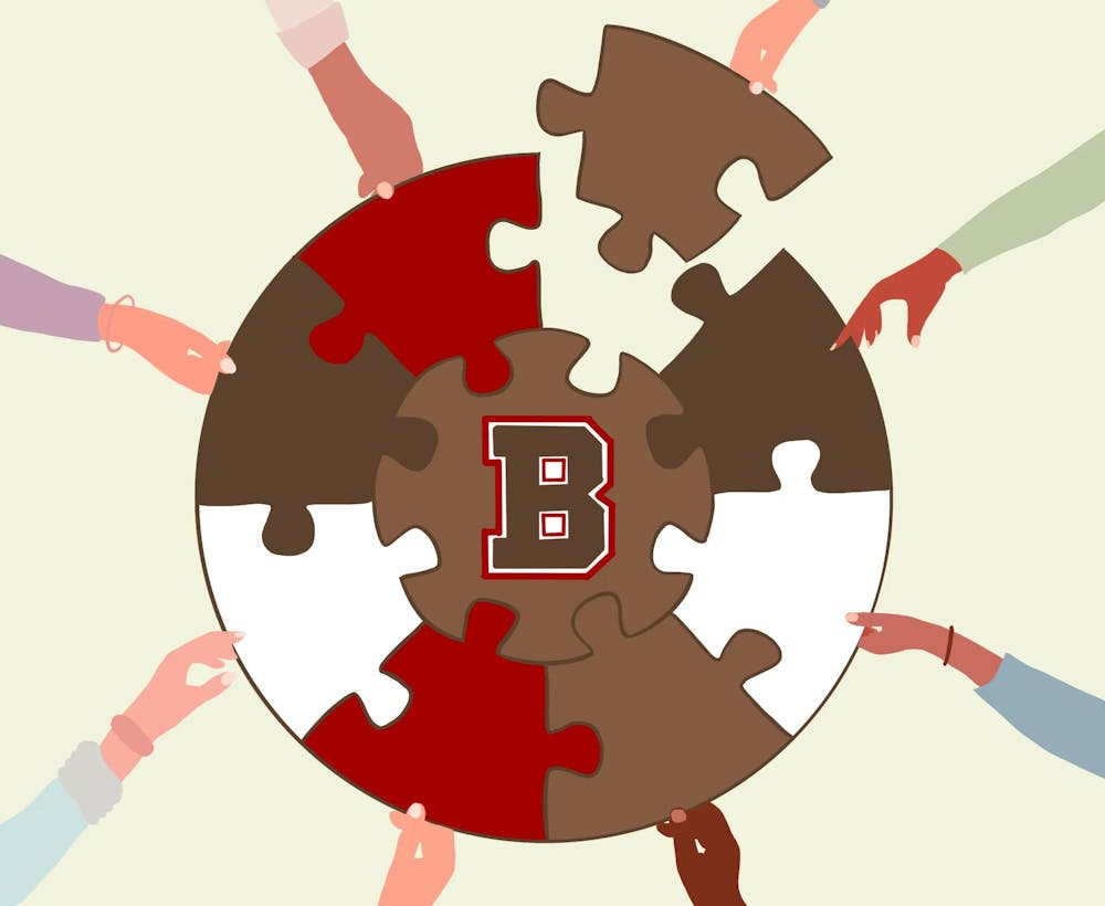 An illustration of a puzzle with Brown University logo. People's hands are contributing different pieces to the puzzle.