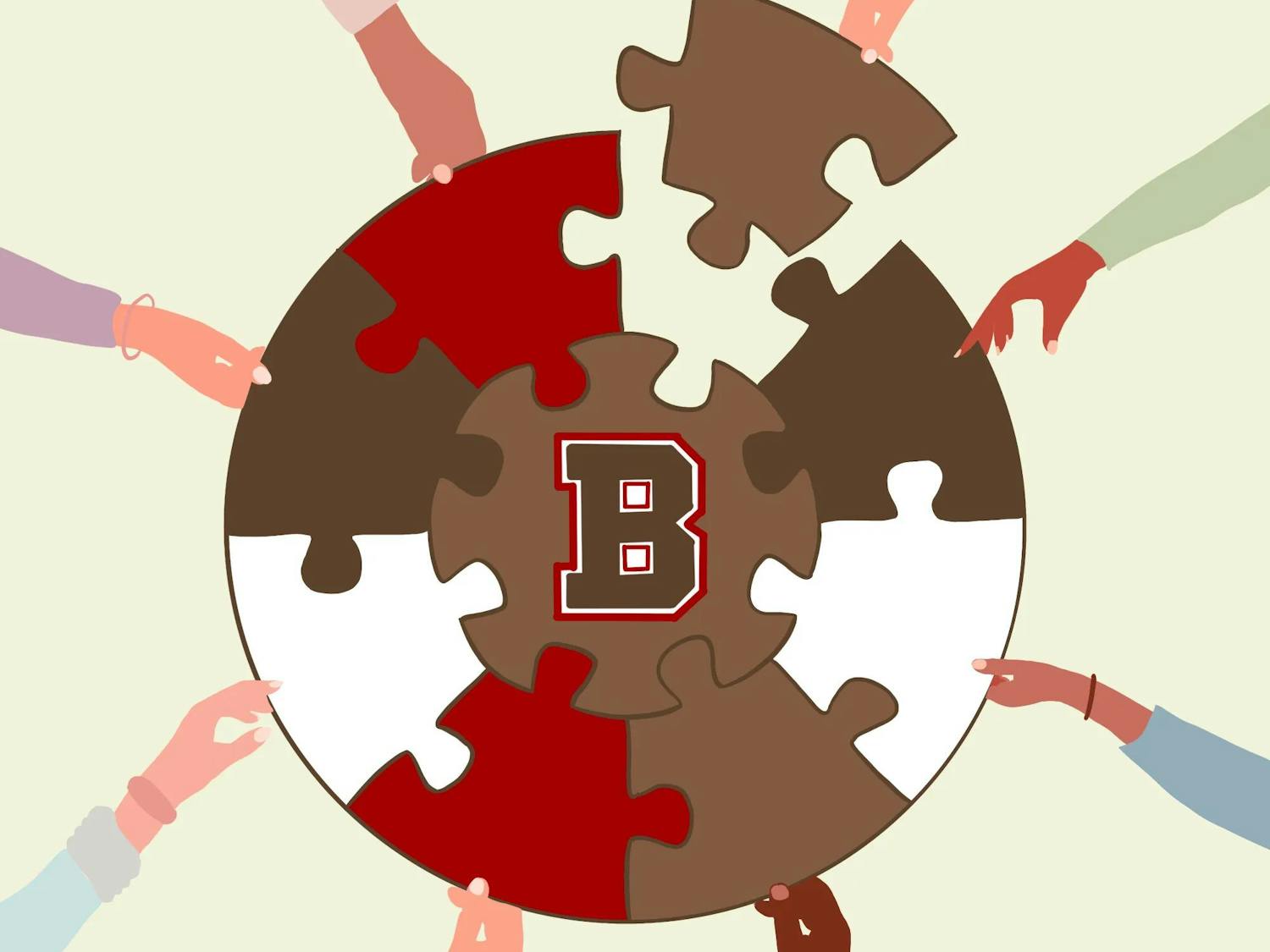 An illustration of a puzzle with Brown University logo. People's hands are contributing different pieces to the puzzle.