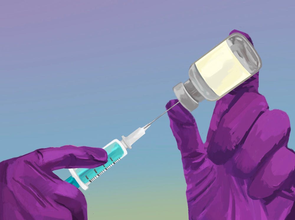 Illustration of two hands gloved in purple gloves preparing to administer a vaccine by inserting a syringe into a small jar.