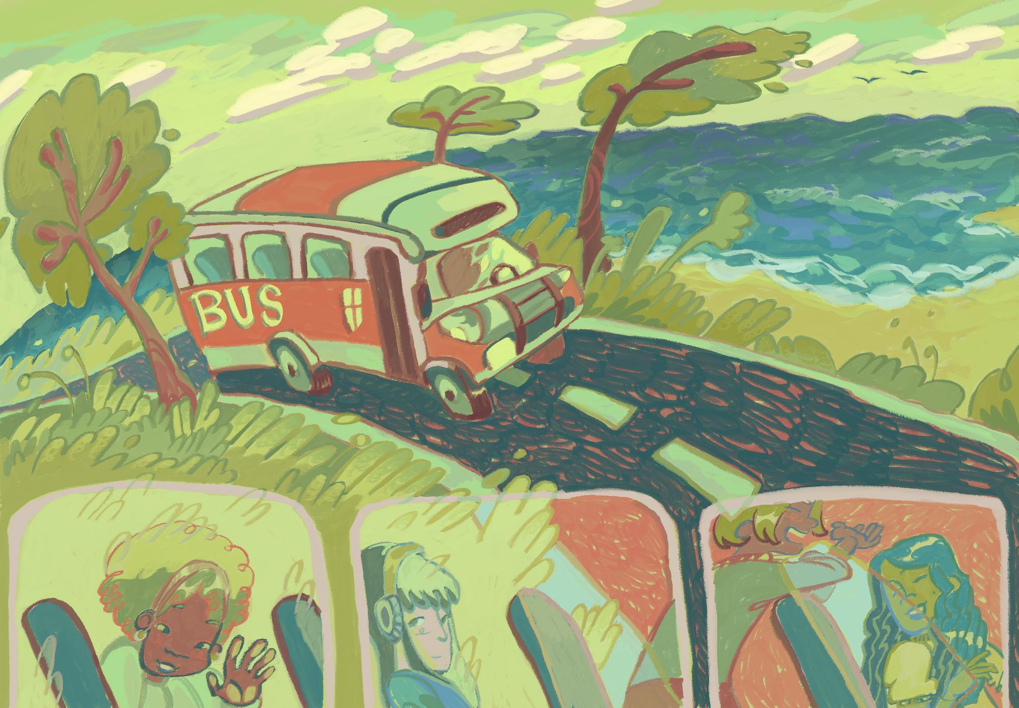 An illustration of a Brown University shuttle bus driving on the highway next to the ocean with students looking out the windows. 