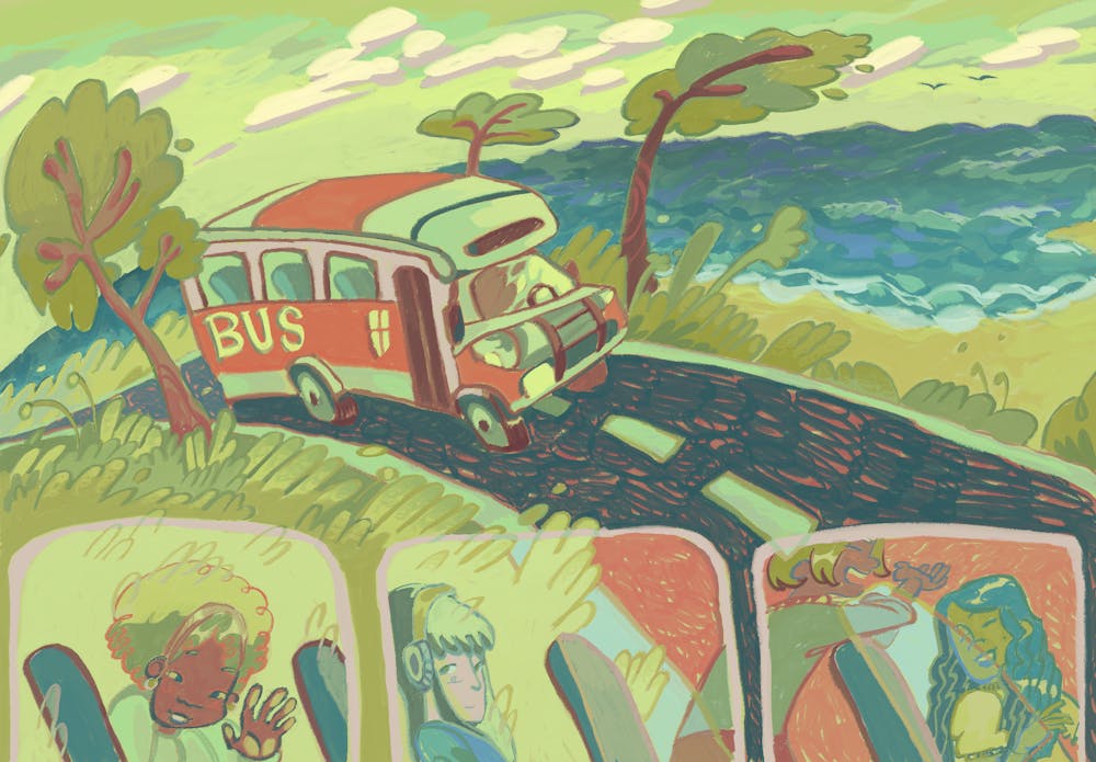 An illustration of a Brown University shuttle bus driving on the highway next to the ocean with students looking out the windows. 