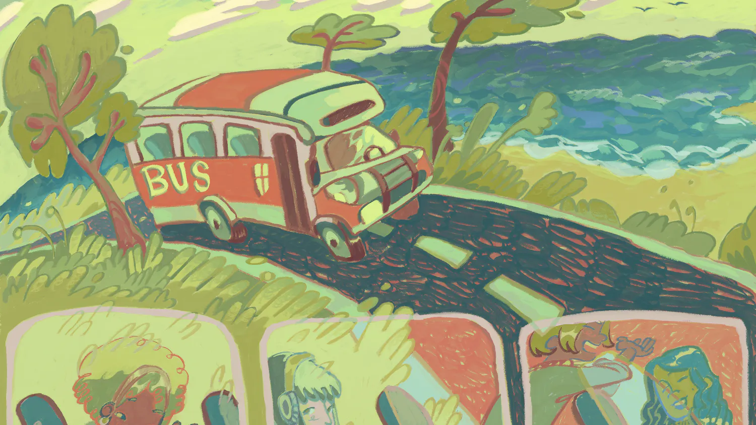 An illustration of a Brown University shuttle bus driving on the highway next to the ocean with students looking out the windows.