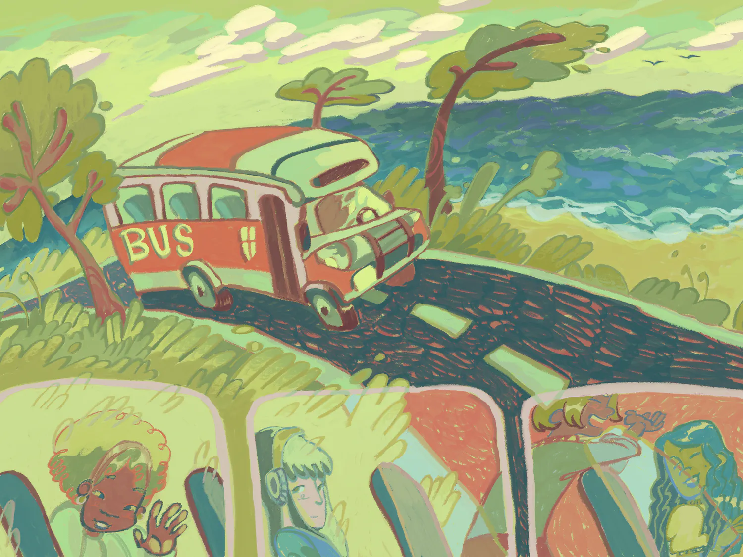 An illustration of a Brown University shuttle bus driving on the highway next to the ocean with students looking out the windows.