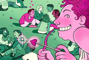 Illustration of a cupid in the foreground aiming its arrow at people in the background