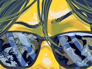 Illustration of a close-up of an individual wearing sunglasses that are reflecting a map.