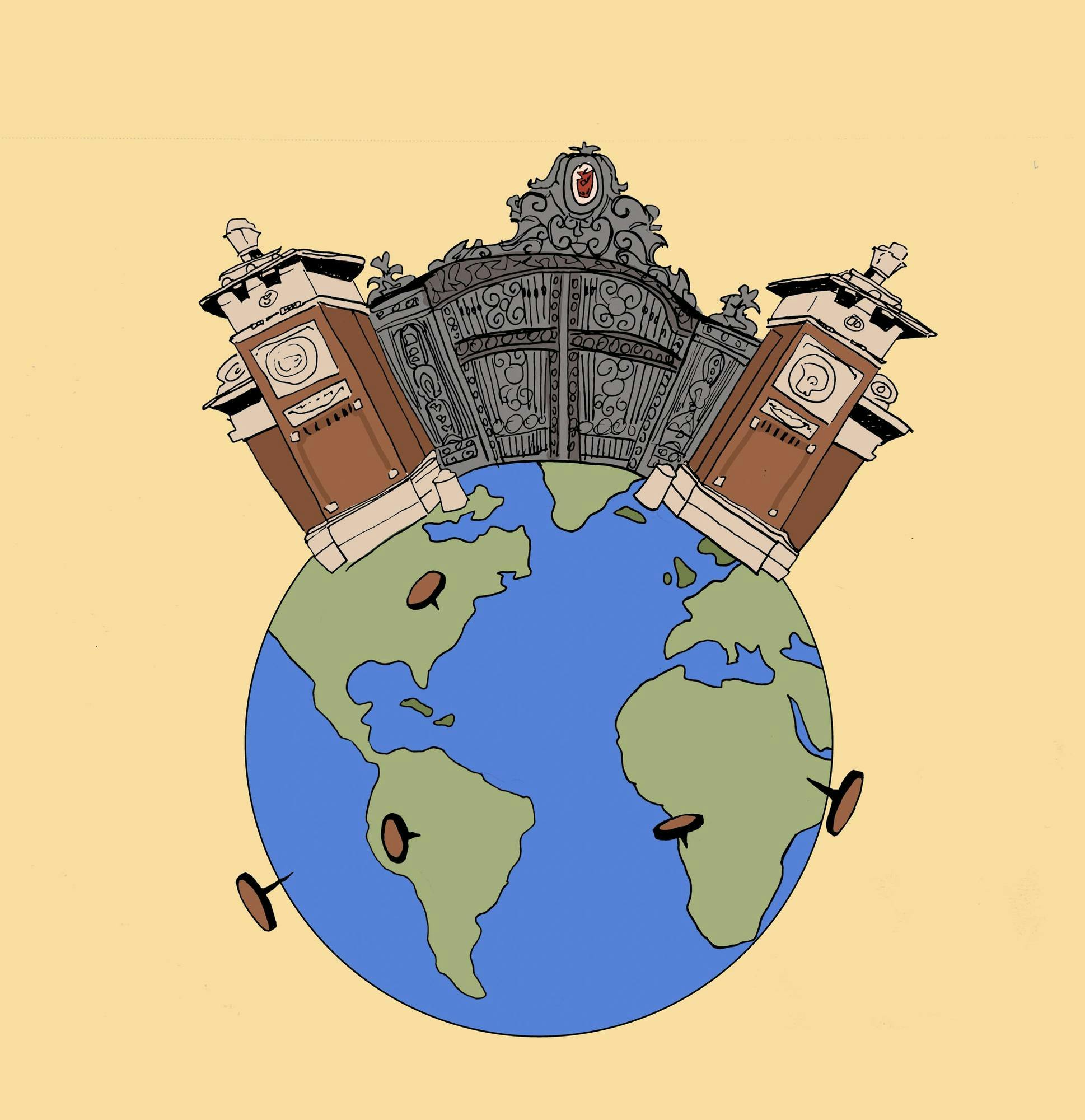 An illustration of the Van Winkle Gates atop a globe with pinned locations.
