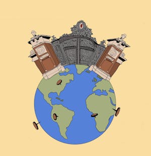 An illustration of the Van Winkle Gates atop a globe with pinned locations.