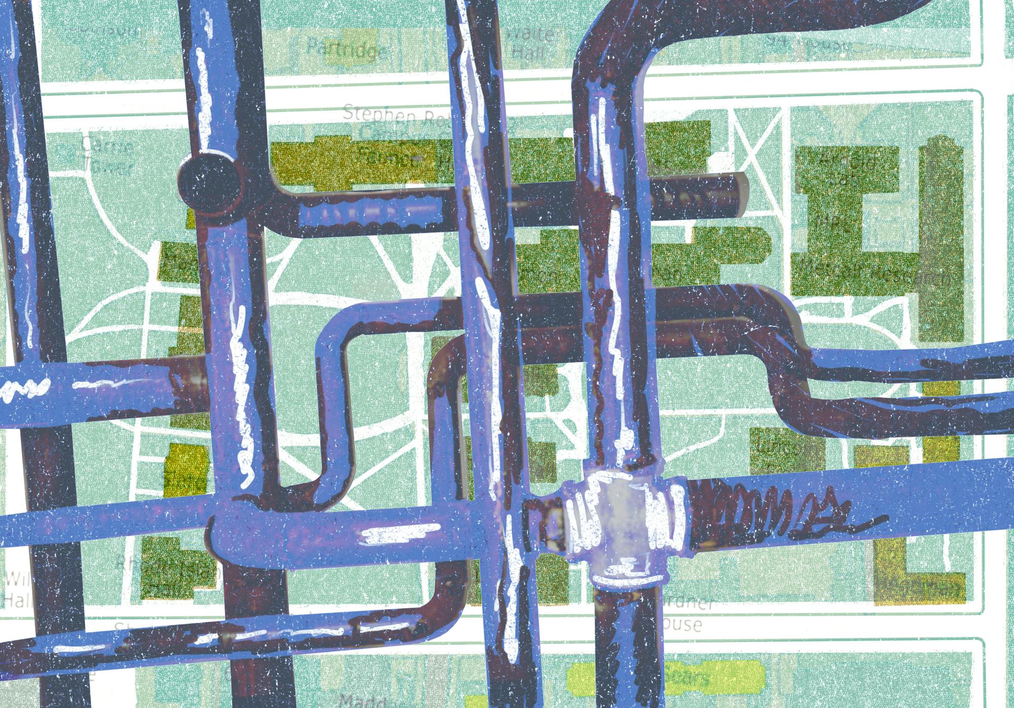 A network of pipes laid over a stylized map of Brown campus. 