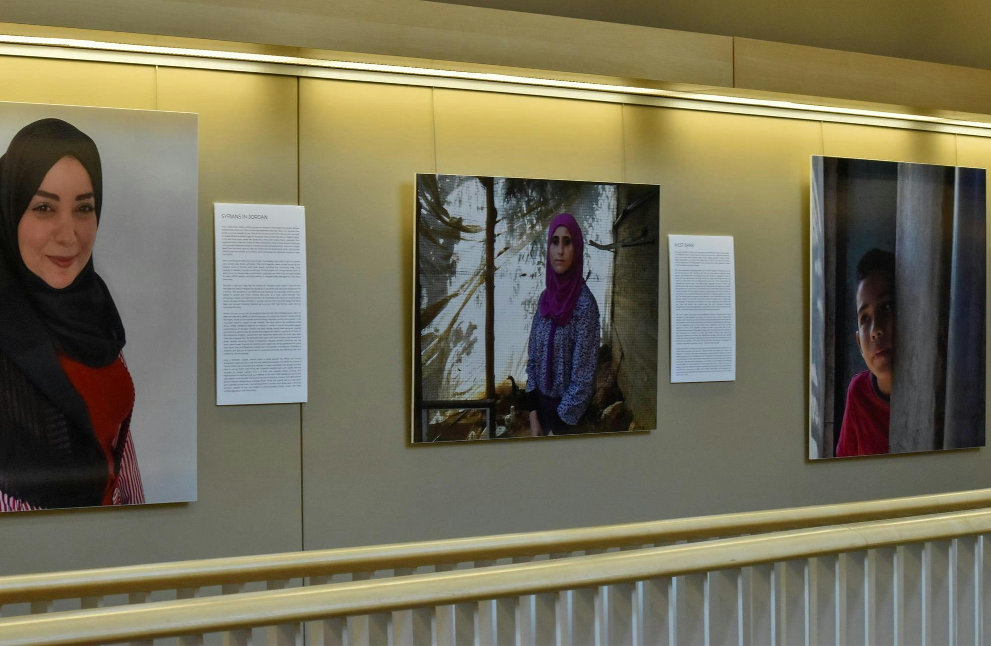 Three photographs side by side. The furthest right shows a boy with the side of his face against a wood pole. The center shows a woman looking straight wearing a purple dress and maroon head covering. The furthest left shows a woman smiling at the camera wearing a red dress and a black head covering.