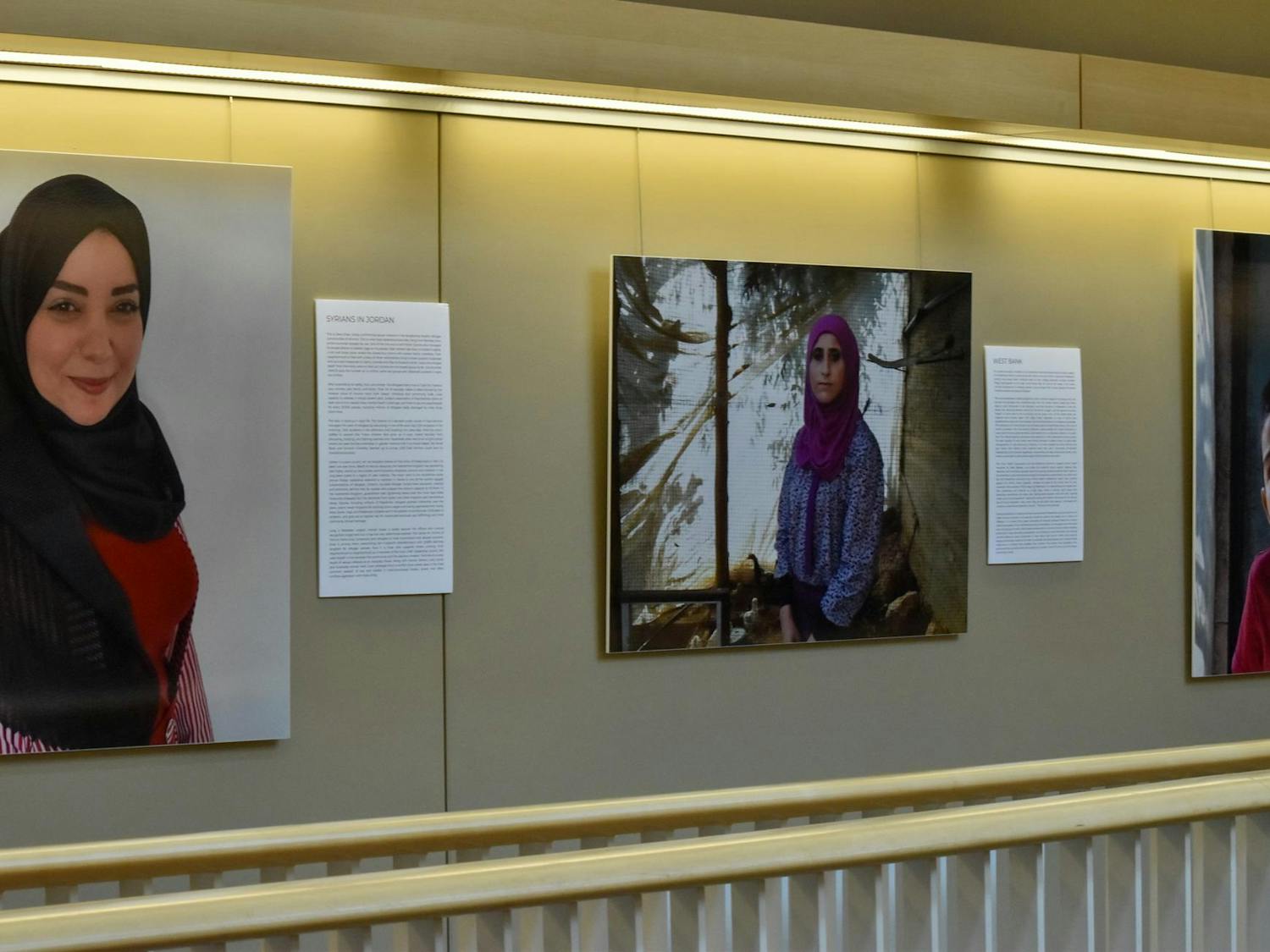Three photographs side by side. The furthest right shows a boy with the side of his face against a wood pole. The center shows a woman looking straight wearing a purple dress and maroon head covering. The furthest left shows a woman smiling at the camera wearing a red dress and a black head covering.