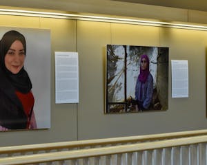Three photographs side by side. The furthest right shows a boy with the side of his face against a wood pole. The center shows a woman looking straight wearing a purple dress and maroon head covering. The furthest left shows a woman smiling at the camera wearing a red dress and a black head covering.