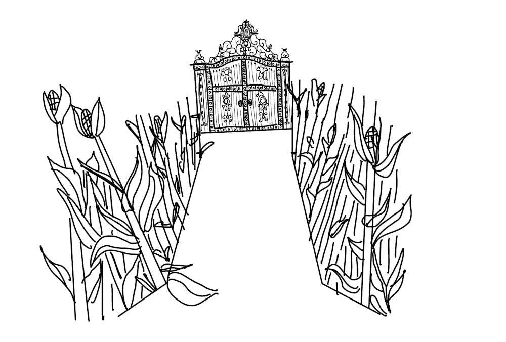 Illustration of Brown's Van Wickle Gates surrounded by corn
