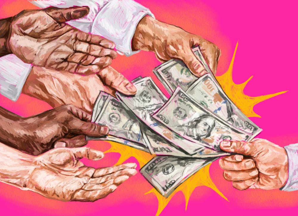 An illustration of a hand holding out cash to other hands reaching for and grabbing the money. 