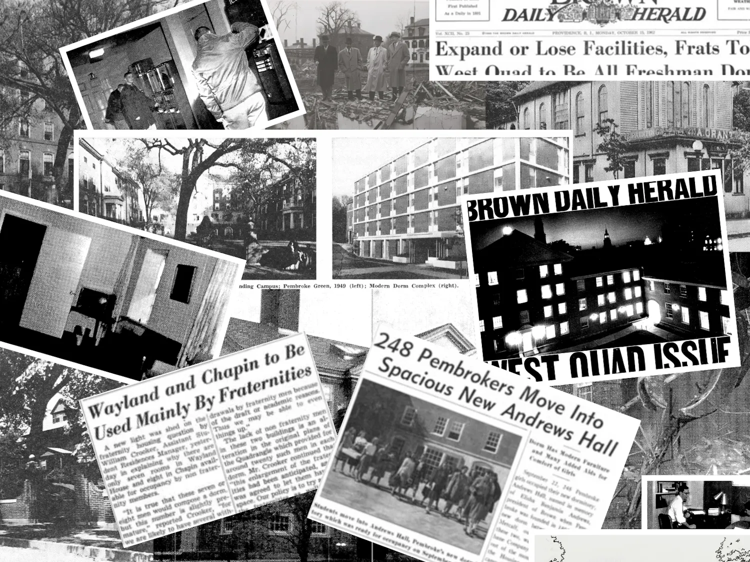 A collage of Brown Daily Herald articles about housing in black and white. Pictures feature old dorm stories and photos.