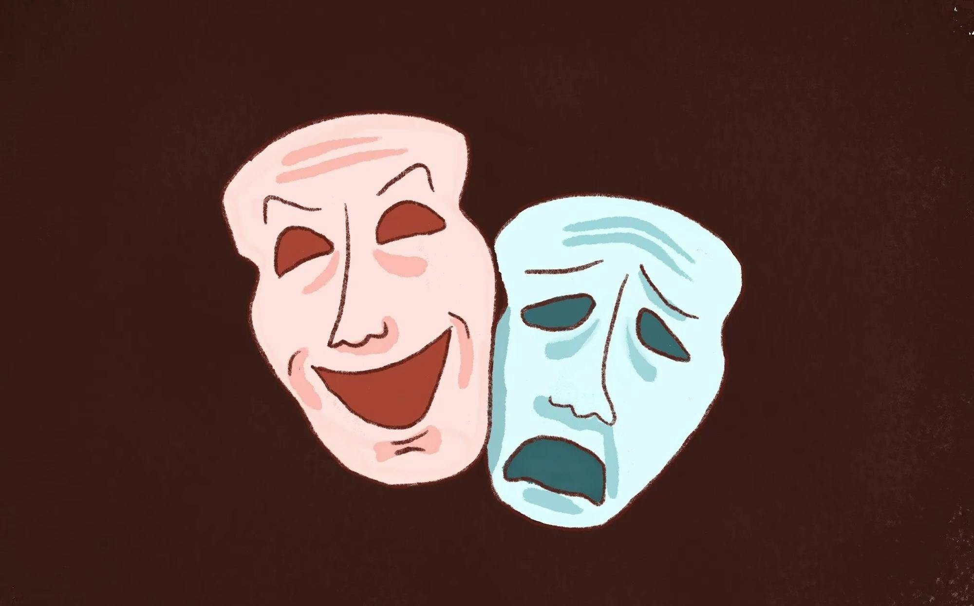 Drawing of a red mask that is smiling and a blue mask that is frowning.

