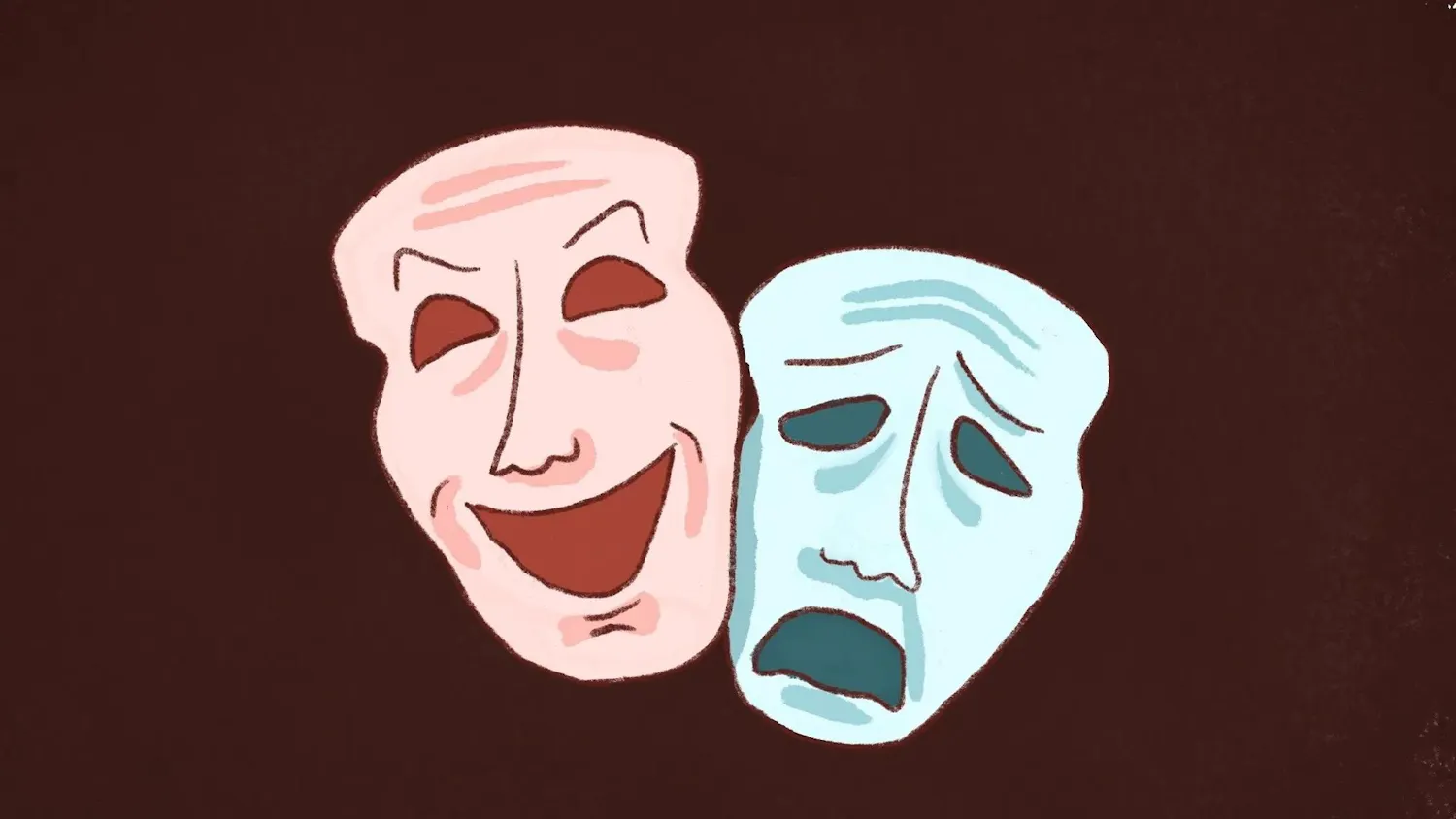 Drawing of a red mask that is smiling and a blue mask that is frowning.