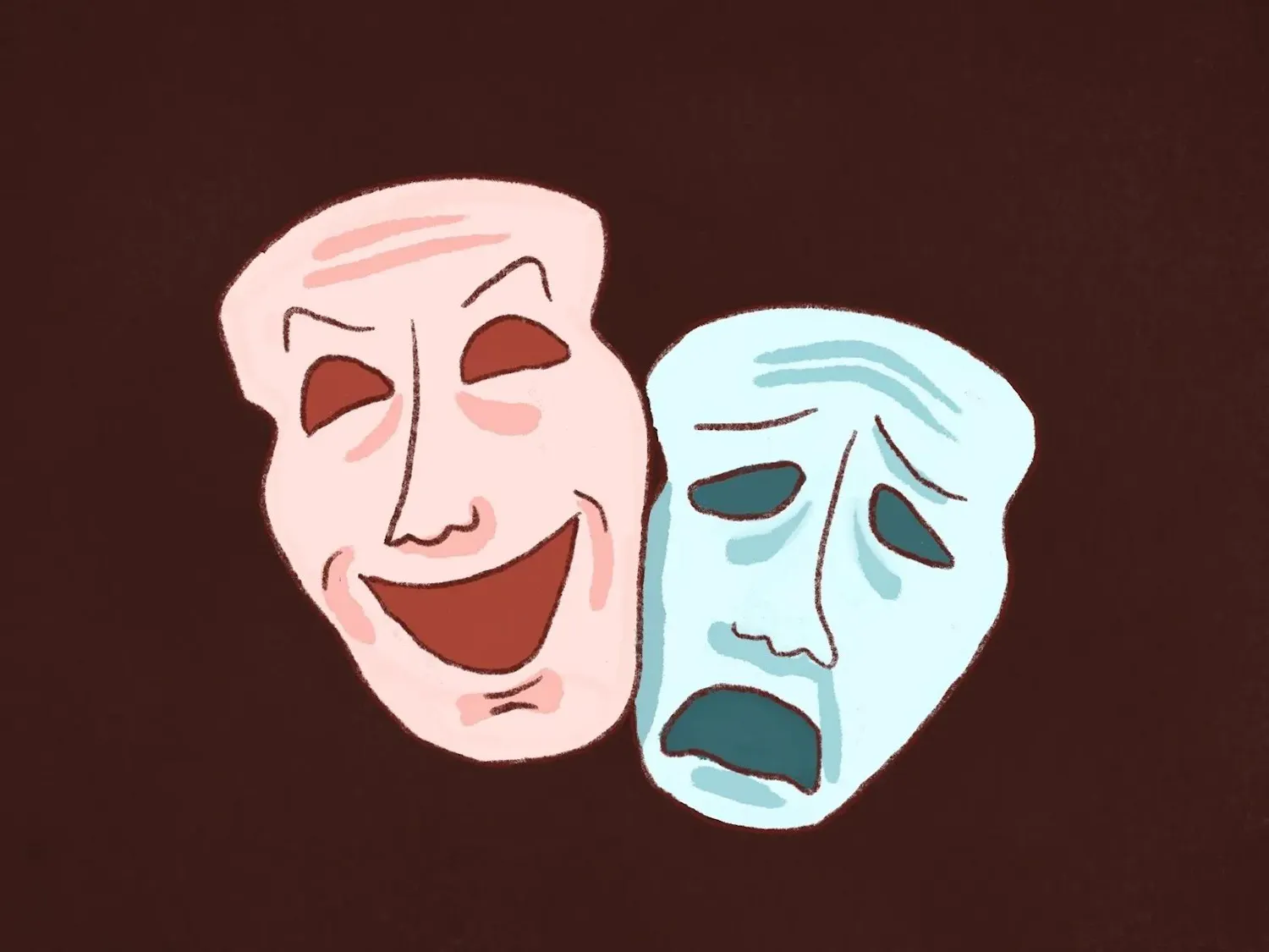 Drawing of a red mask that is smiling and a blue mask that is frowning.