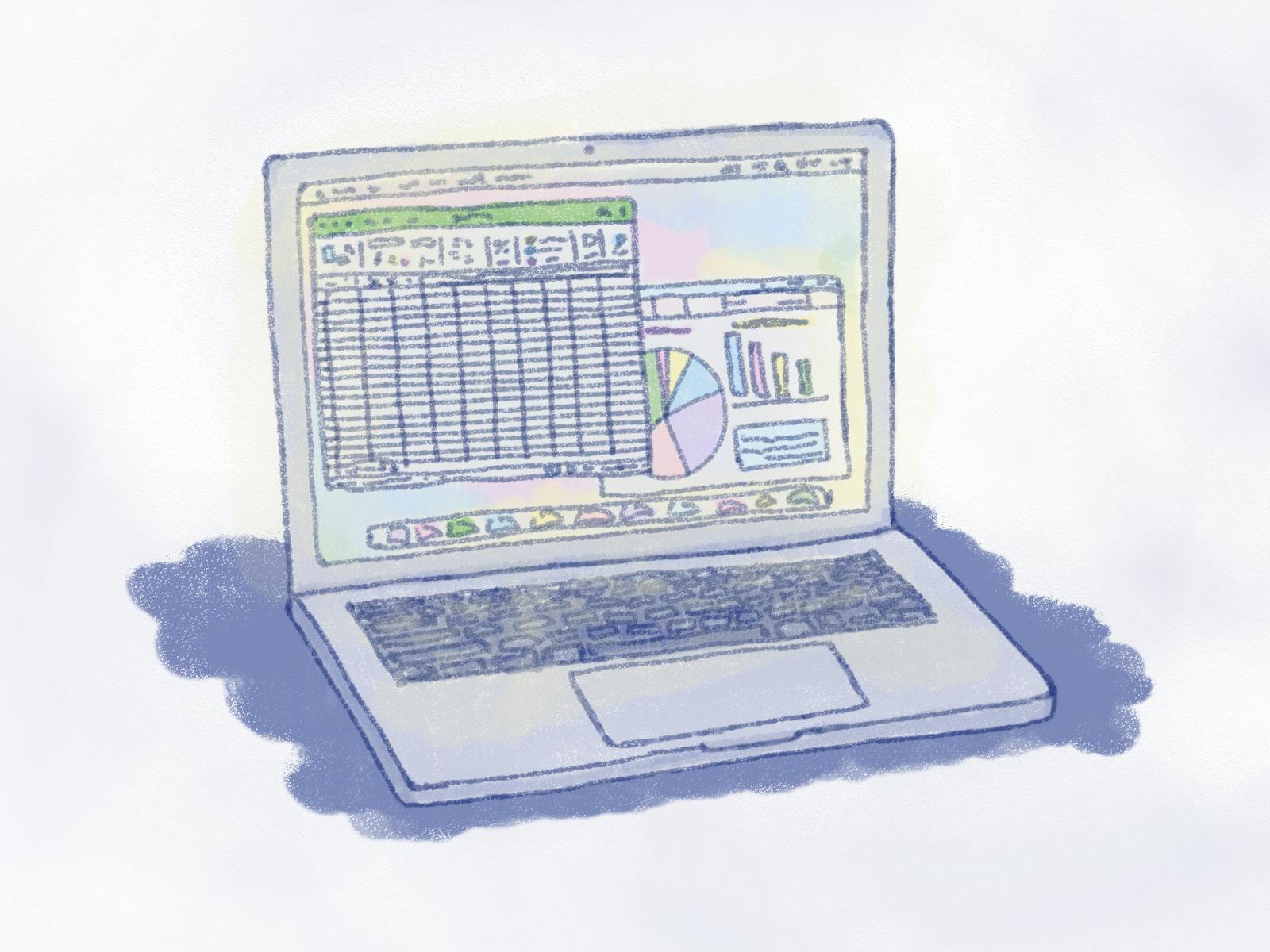 Illustration of a computer with graphs and excel sheets.