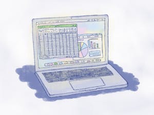 Illustration of a computer with graphs and excel sheets.
