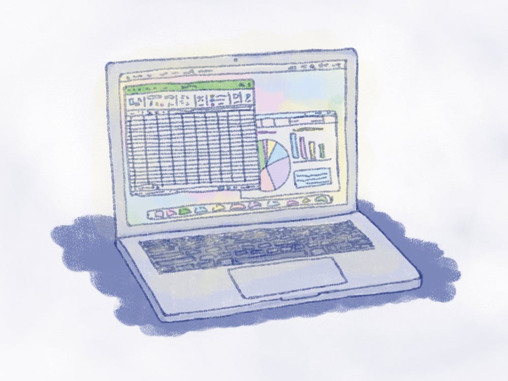 Illustration of a computer with graphs and excel sheets.