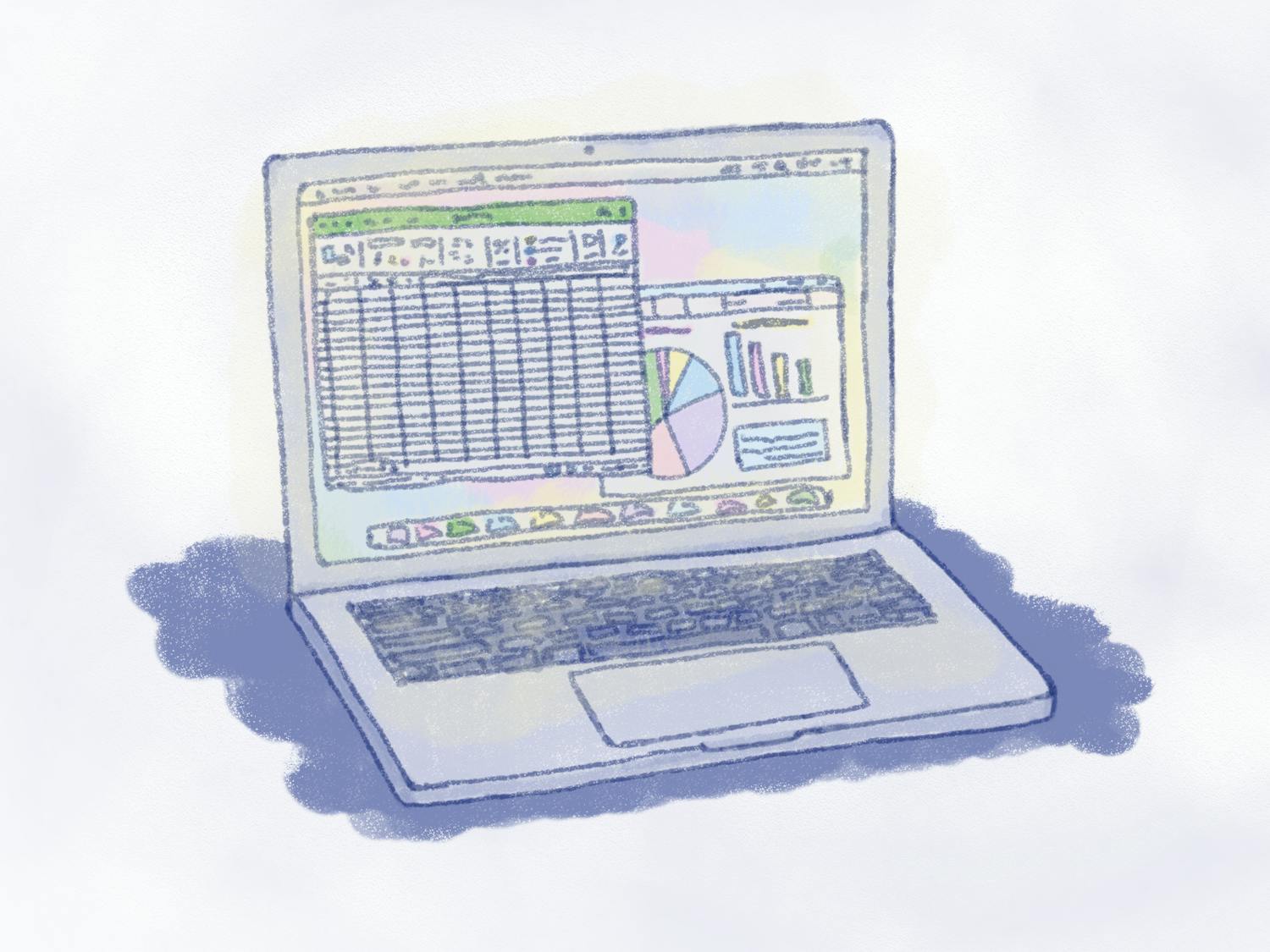 Illustration of a computer with graphs and excel sheets.