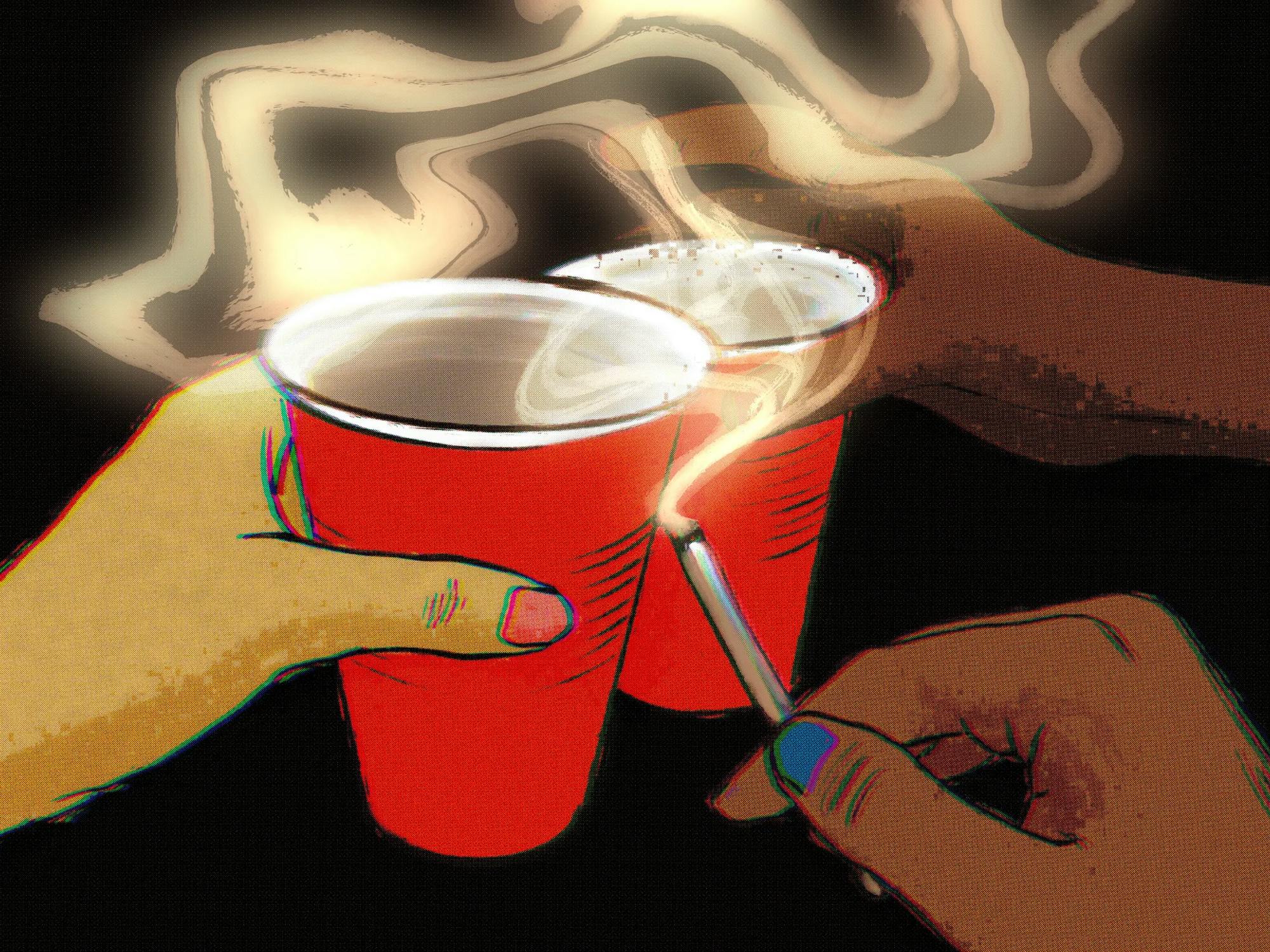 Illustration of a pair of hands toasting with red Solo cups, with one hand also holding a smoking joint