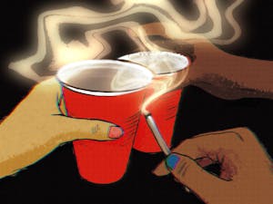Illustration of a pair of hands toasting with red Solo cups, with one hand also holding a smoking joint