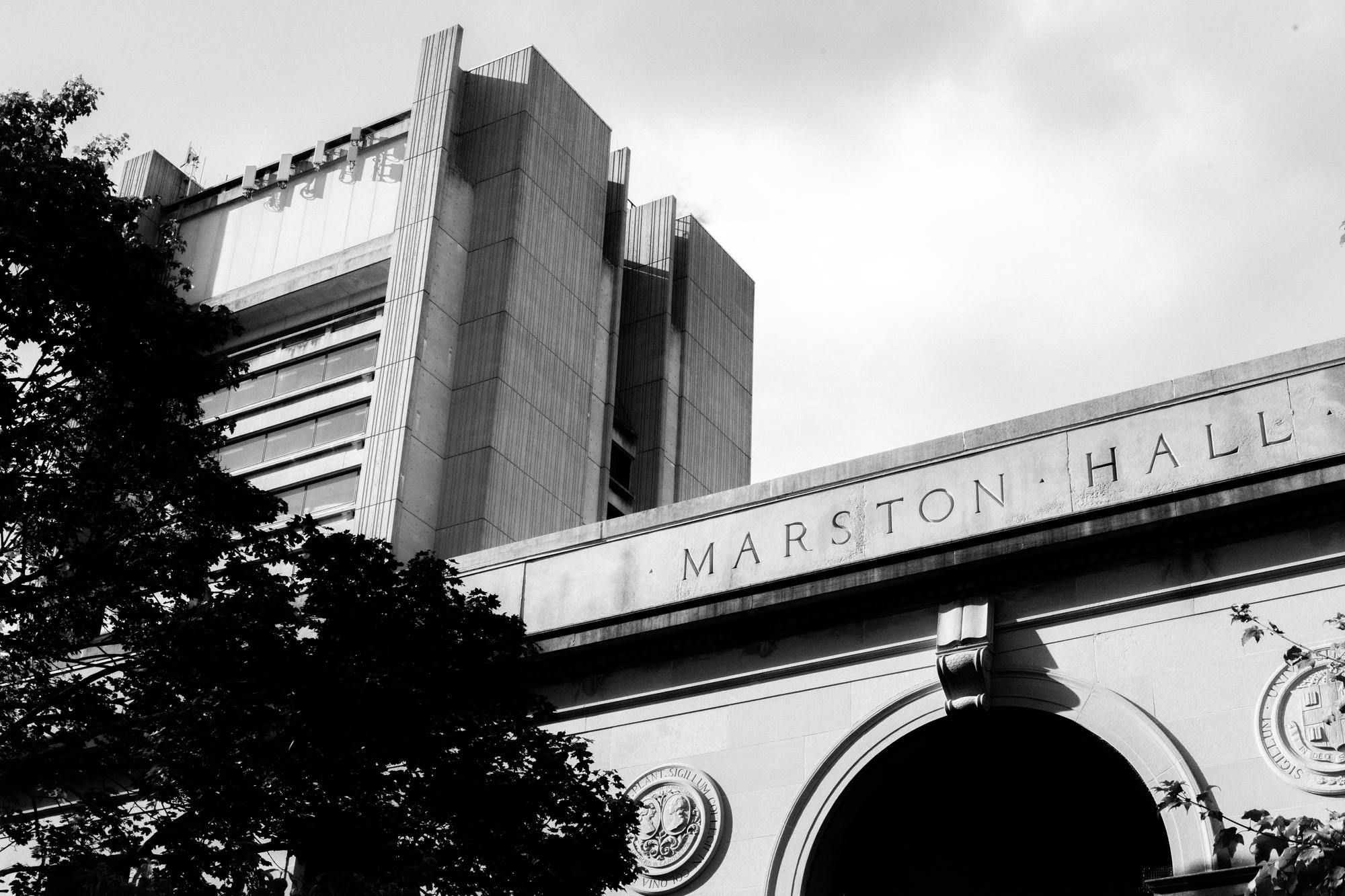 Black and white photograph of Marston Hall in the foreground, with the Sciences Library in the background
