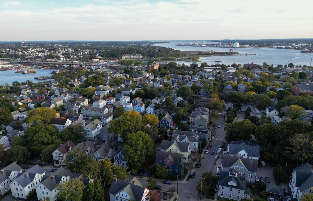 Aerial drone photo of Fox Point and the Narragansett Bay.