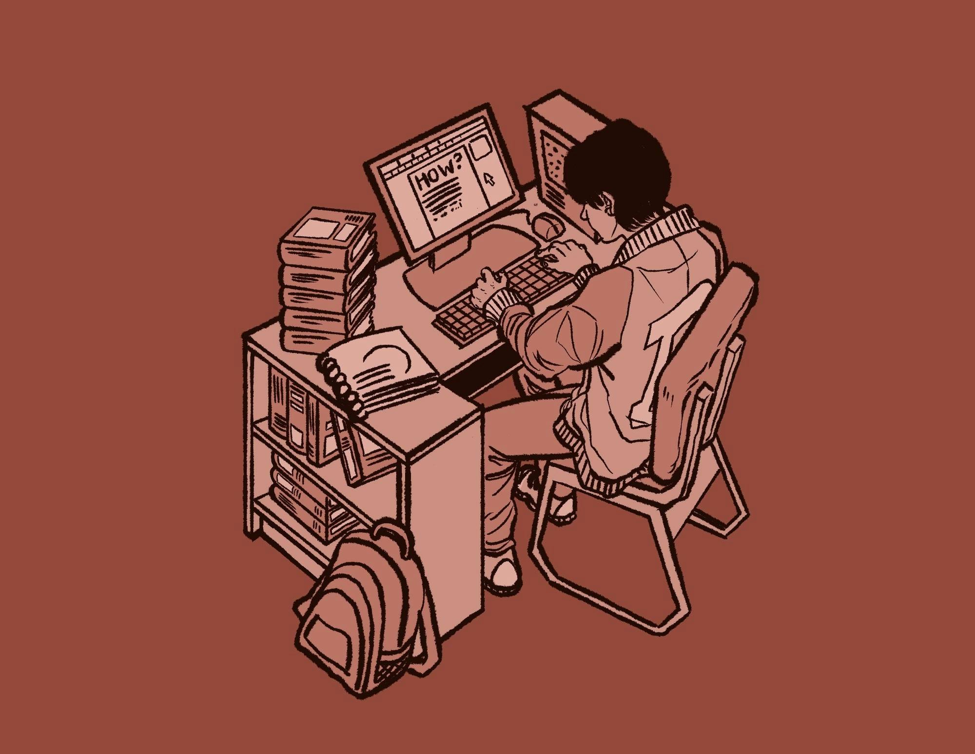 Drawing of someone sitting in front of a computer at a desk with “How?” printed on the screen.

