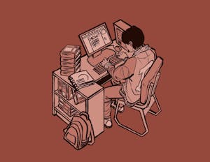 Drawing of someone sitting in front of a computer at a desk with “How?” printed on the screen.

