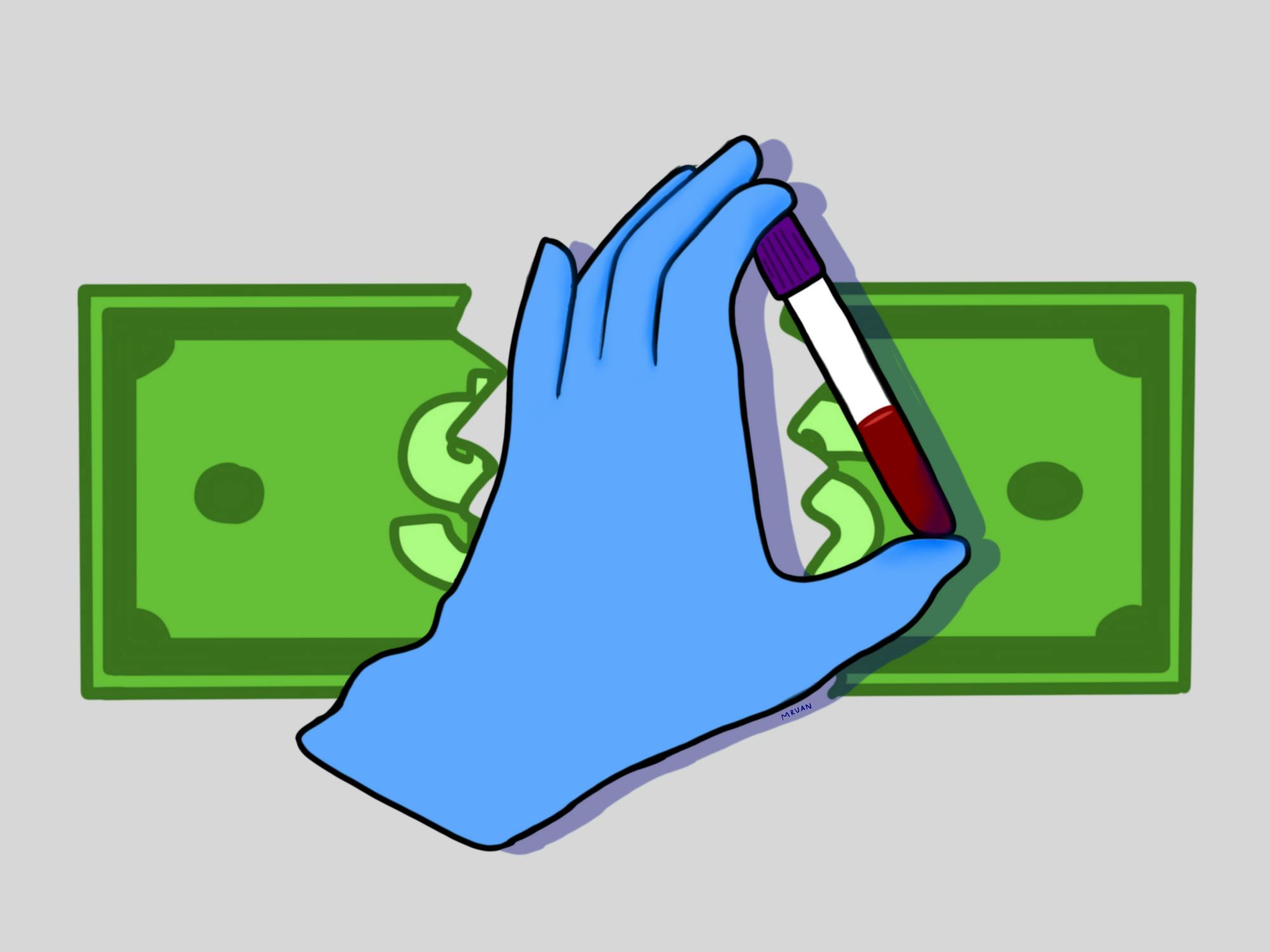 A blue-gloved hand holds a vial of blood in front of a ripped green dollar bill.