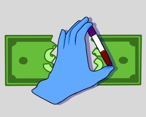 A blue-gloved hand holds a vial of blood in front of a ripped green dollar bill.