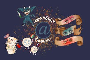 An illustration with an indigo background showing various images. On the left, three stacked teacups with different flags, with plates standing holding flags. On the top, a teal imp holds a test tube of green liquid. On the right, three strips of scroll with a pair of different-colored eyes on each. In the center, the image says "Courses at Brown"