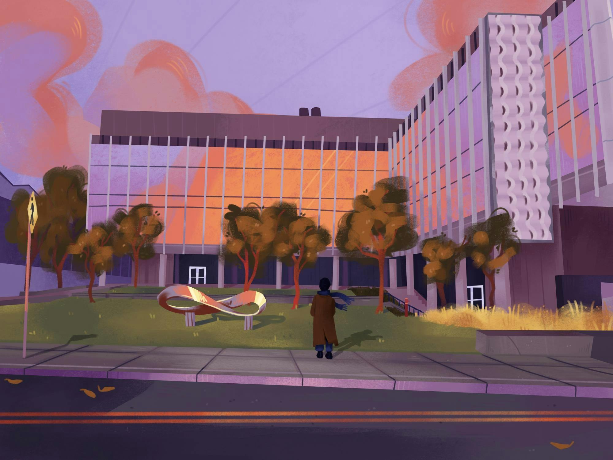 An illustration of a person in a brown coat and blue scarf standing in front of Brown University's Barus and Holley Building. The sky is purple and orange, and wind blows the scarf. 