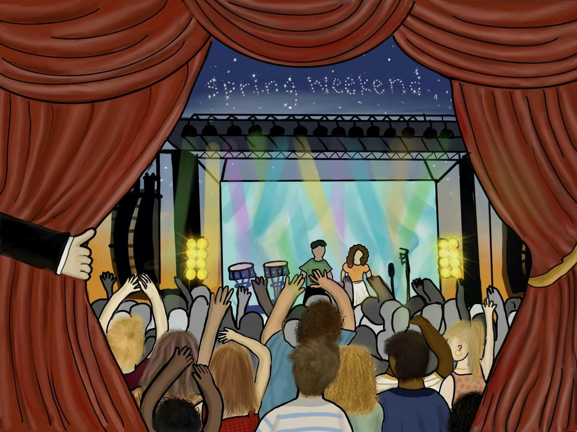 Illustration of open red curtains showing a crowd with their hands up in front of a stage with performers on it. The words “spring weekend” are written in the stars.
