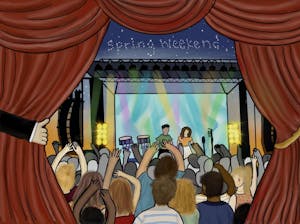 Illustration of open red curtains showing a crowd with their hands up in front of a stage with performers on it. The words “spring weekend” are written in the stars.