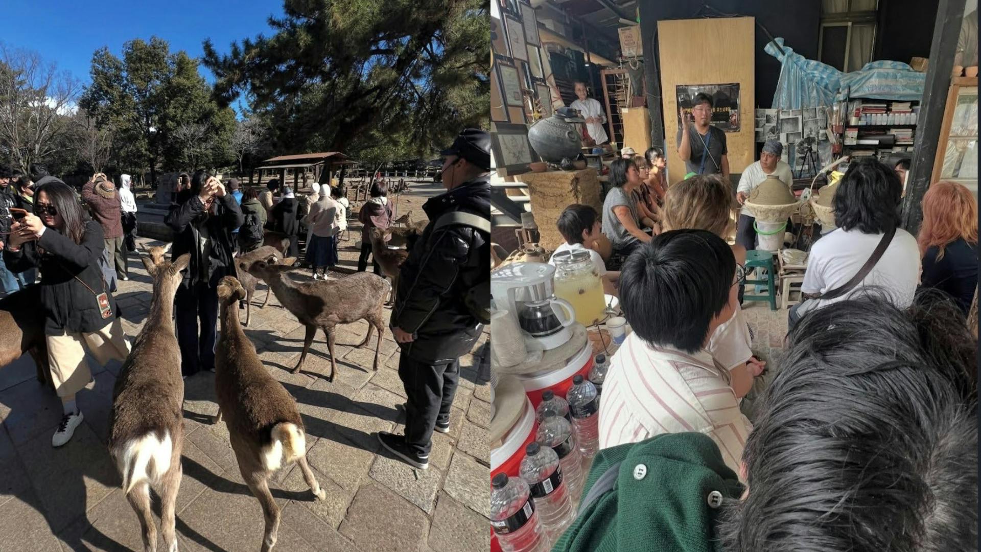 Left: Photo of people in Nara Park in Japan feeding and interacting with deer. Right: Photo of students in a pottery studio in Taiwan. 