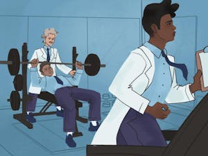 Illustration of several people working out in a gym, painted in hospital-blue hues, and wearing ties and lab coats.