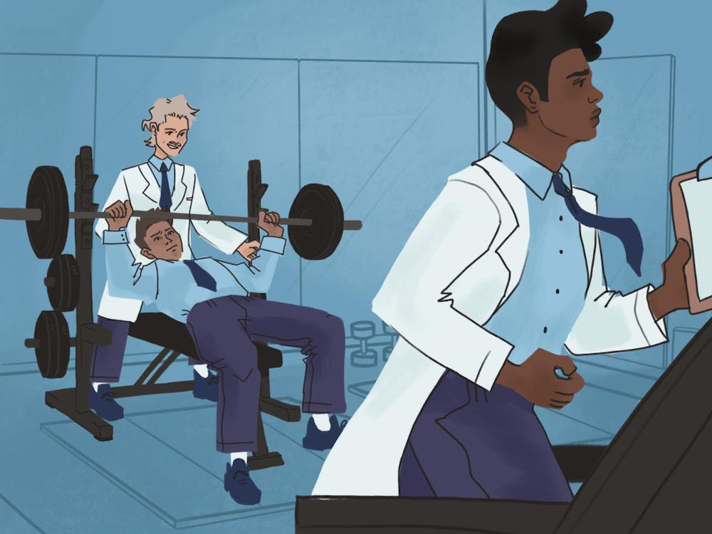 Illustration of several people working out in a gym, painted in hospital-blue hues, and wearing ties and lab coats.