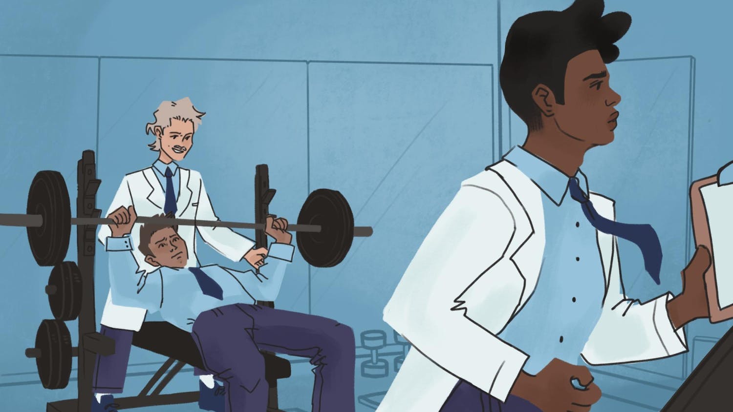 Illustration of several people working out in a gym, painted in hospital-blue hues, and wearing ties and lab coats.