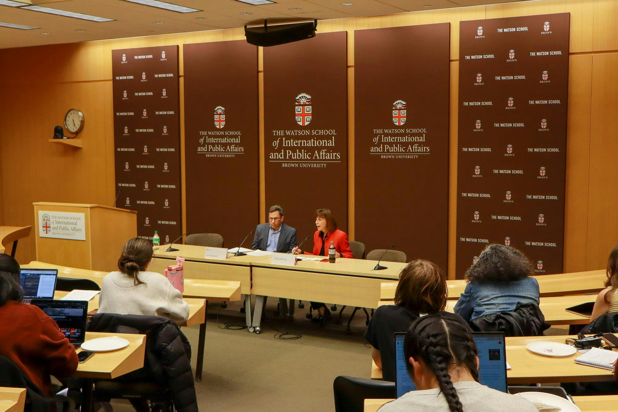 Photo of Taubman Center Director Eric Patashnik and Watson Senior Fellow Kathy Manning in discussion in the Joukowsky Forum.