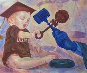 Illustration of a baby dressed in a Brown University shirt, wearing a graduation cap, and tapping their toy with the gavel of a hand reaching out from the frame.