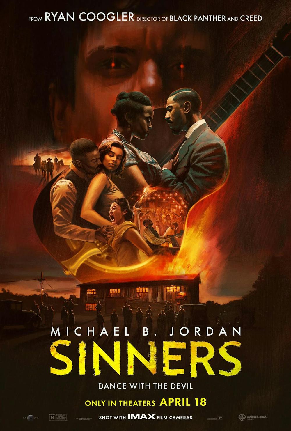 Sinners movie poster. On bottom is an ominous building surrounded by figures, in the middle a guitar floats containing each of the main characters and on the top a man’s eyes glow with the whole poster burning with red.