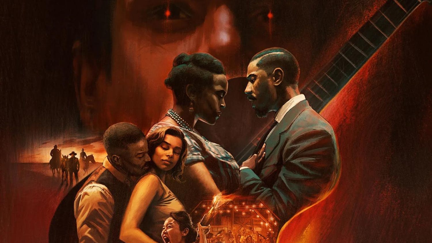 Sinners movie poster. On bottom is an ominous building surrounded by figures, in the middle a guitar floats containing each of the main characters and on the top a man’s eyes glow with the whole poster burning with red.