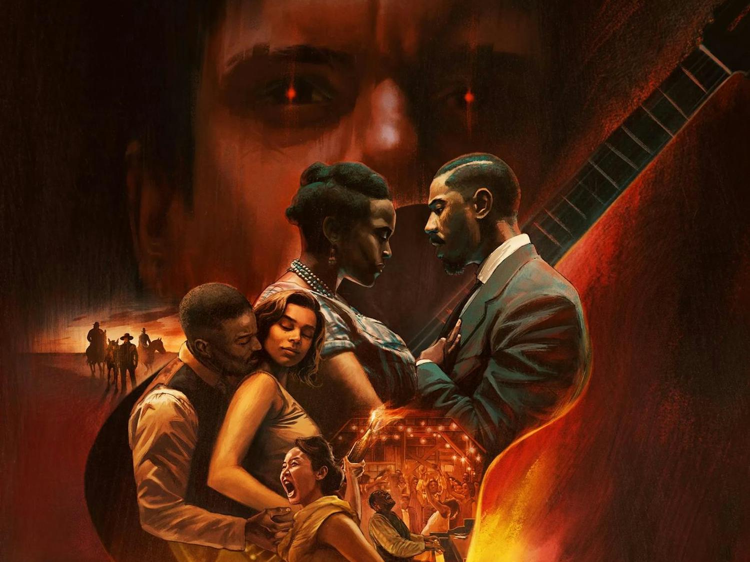 Sinners movie poster. On bottom is an ominous building surrounded by figures, in the middle a guitar floats containing each of the main characters and on the top a man’s eyes glow with the whole poster burning with red.