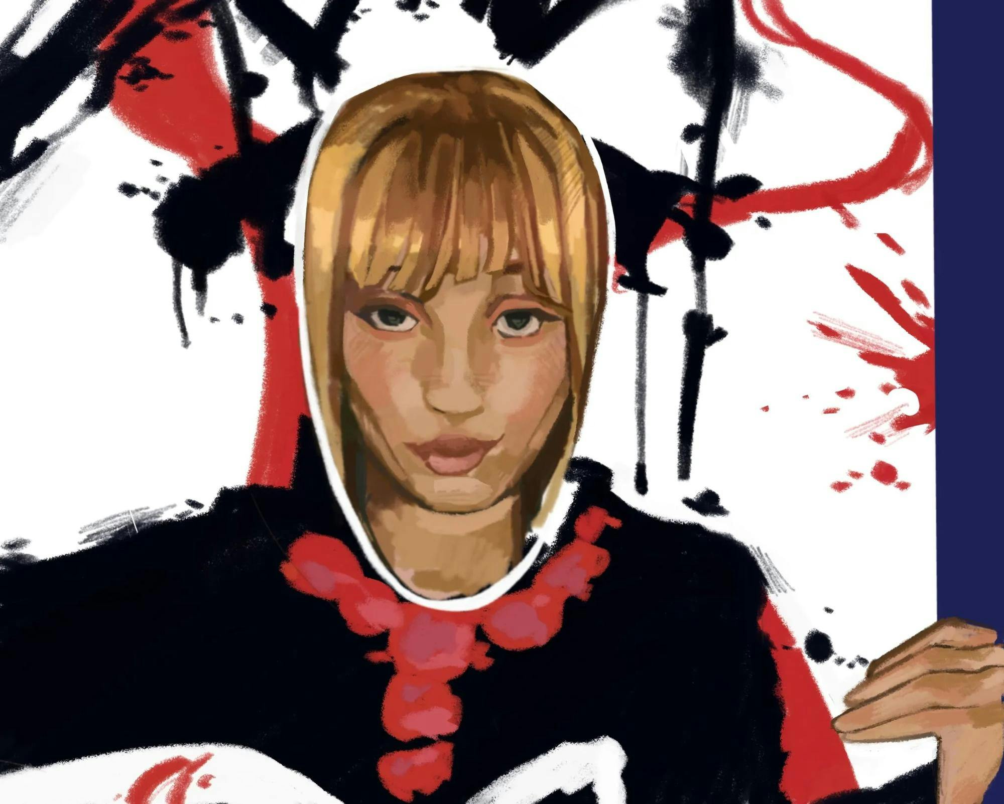 Illustration of PinkPantheress inspired by the album cover for "Fancy Some More?" showing a woman with bangs (PinkPantheress) staring at the viewer with a splotches of black and red on a white square behind her, with a dark-blue stripe to the right.