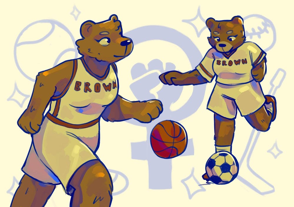 Illustration of two female bears wearing Brown sports uniforms with the word “Brown” in all capitalized letters. The bear on the left wears a white tank top with brown lines and a white shorts dribbling a basketball. The bear on the right wears a white shirt with brown lines, kicking a soccer ball. Stars and sports equipment and the symbol for women and a fist in the middle is the background.