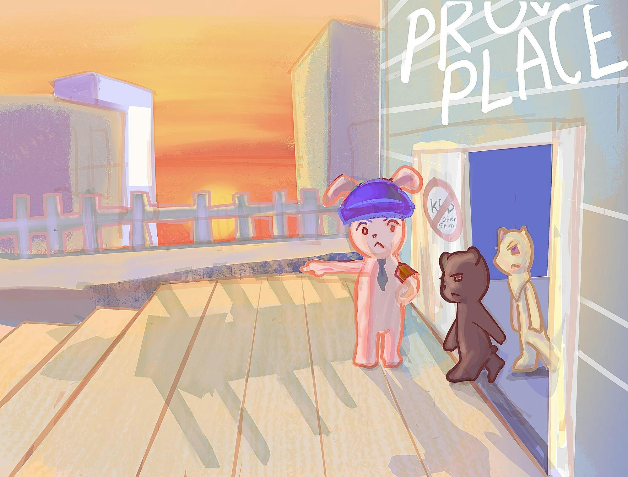 A bunny dressed as a security guard stands outside the exit of the Providence Place Mall, directing a brown and white bear out of the mall's exit against a sunset backdrop. 
